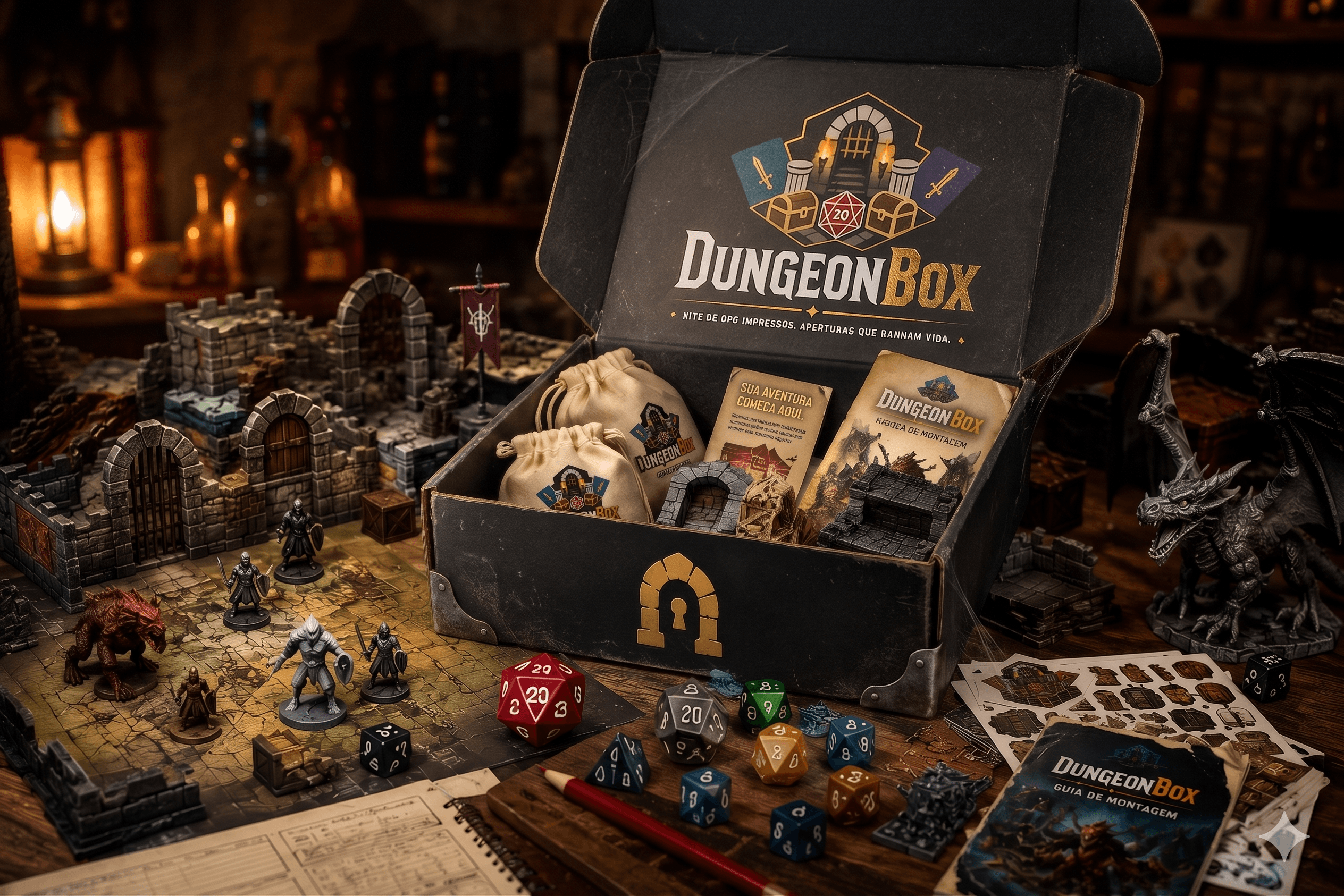 Mesa de RPG com caixa DungeonBox aberta, miniaturas, dados e cenários 3D modulares
